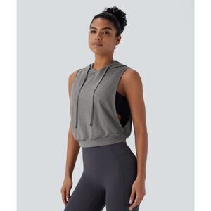 HALARA Hooded Drawstring Sleeveless Running Workout Cropped Tank Top Gray M